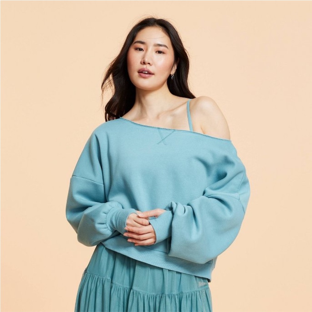 Blogilates Women's Dance Studio Off the Shoulder Sweatshirt - Teal Blue XS   NWT